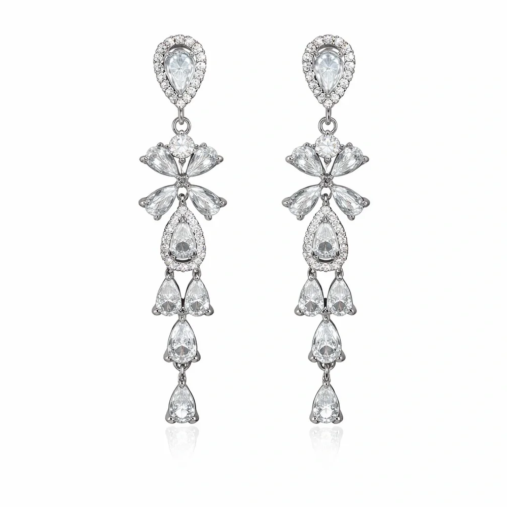 ⚜️ Elegant Silver Teardrop Crystal Drop Earrings - White